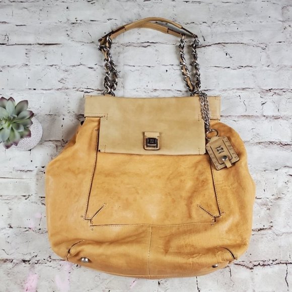 Olivia Harris Square Flap Shoulder Bag Purse Handbag Tan Leather Tote Classic - Picture 2 of 8